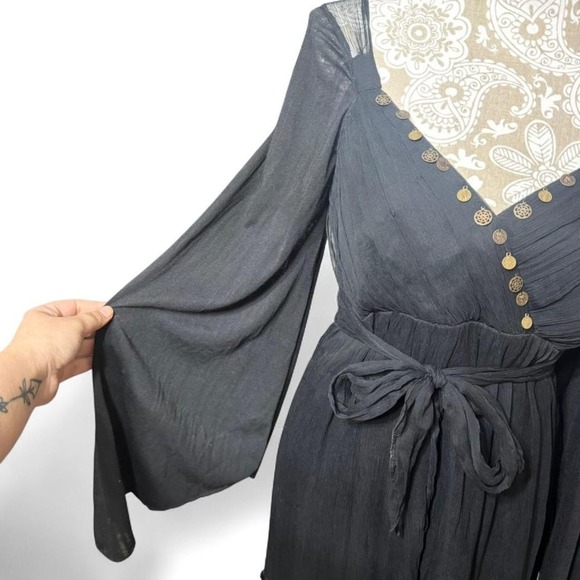 Vintage Black Mini Silk Dress Spencer Jeremy Deep V Boho Chic CottageCore - Picture 4 of 6